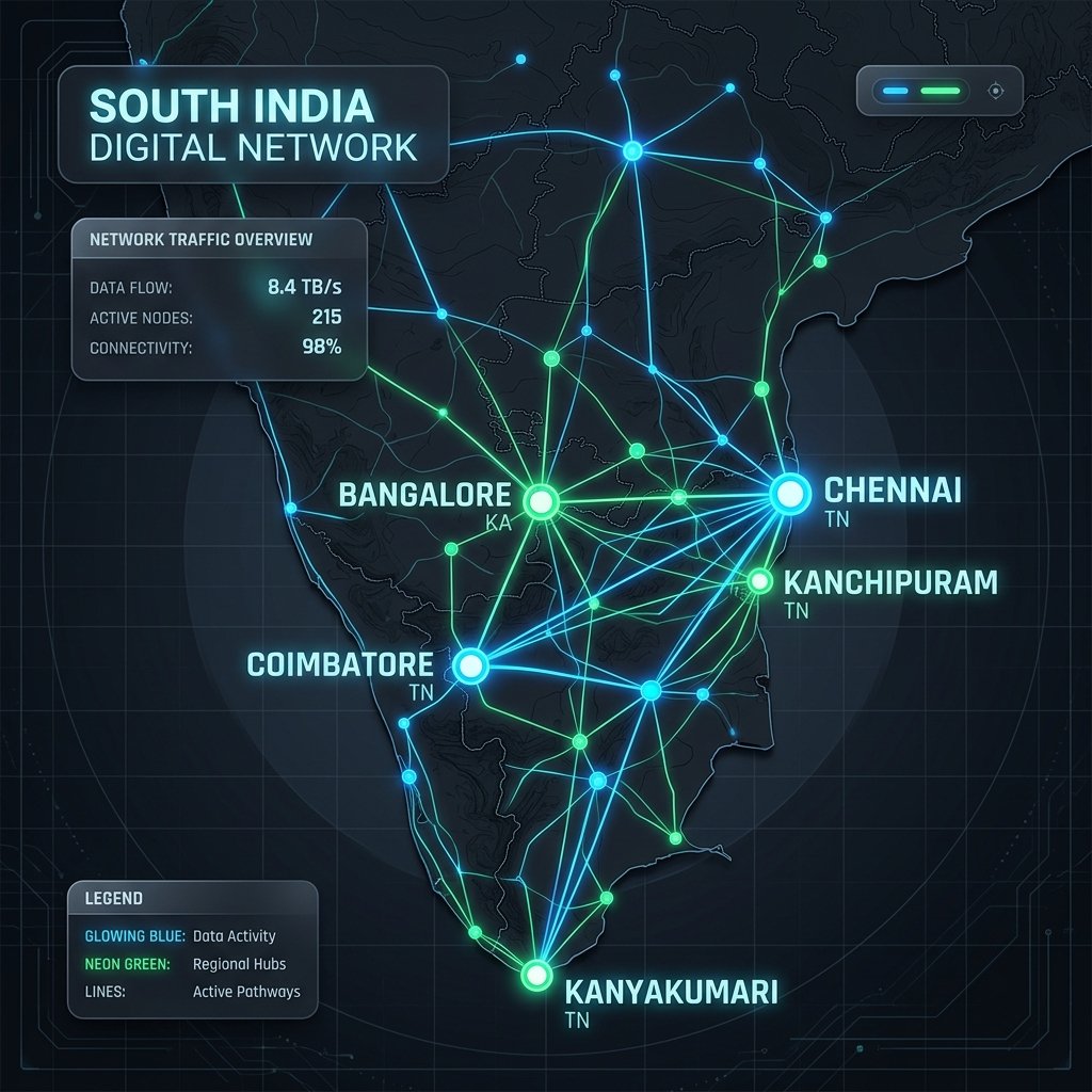Chennai, Kanchipuram, Bangalore, Coimbatore, Kanyakumari Reach Map - Praveen Manoharan