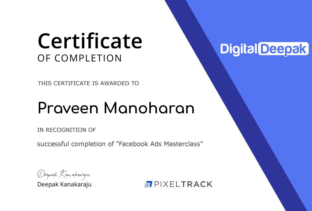 Facebook Ad Masterclass Digital Deepak Certificate
