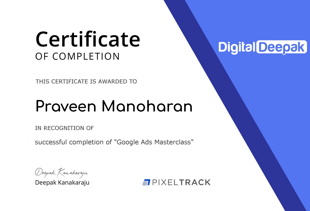 Google Ads Masterclass Certificate By Digitadeepak