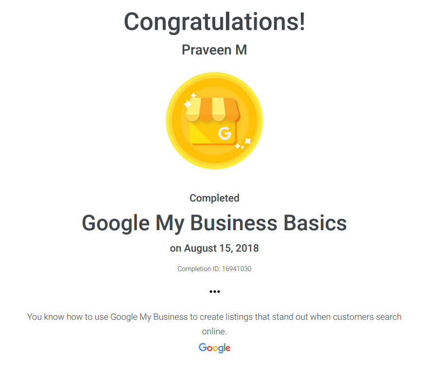 Google My Business Certificate By  Googles