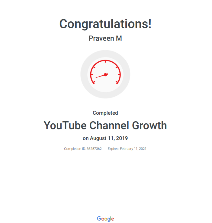 Youtube channel growth certificate from google done by praveen manoharan
